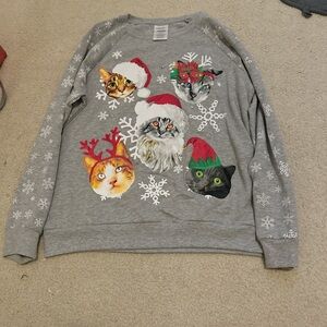 Freeze Gray Holiday Cat Print Sweater